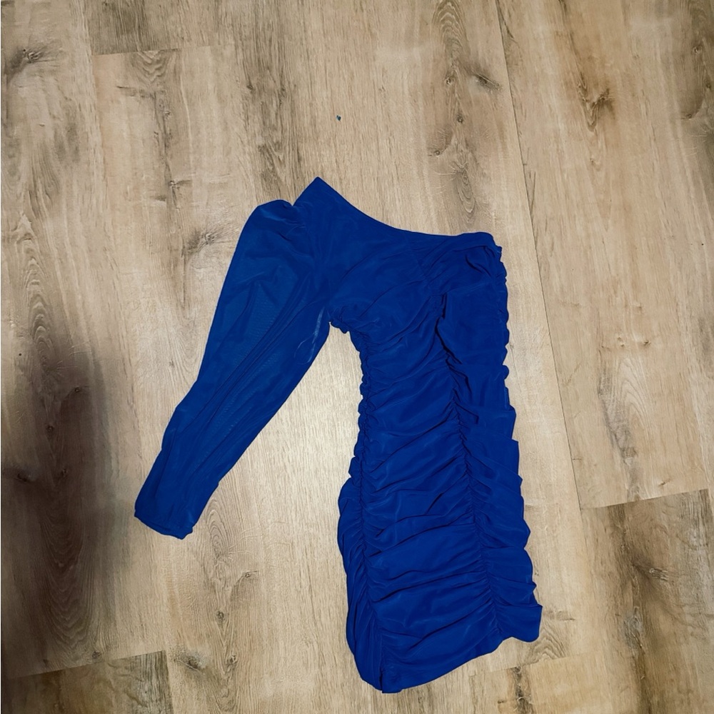 Blue One-Shoulder Ruched Dress